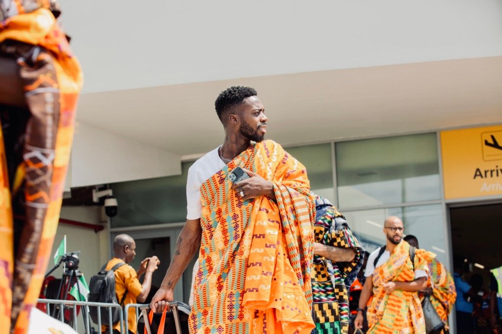 afcon-2023:-black-stars-slay-traditional-kente-on-arrival-in-abidjan